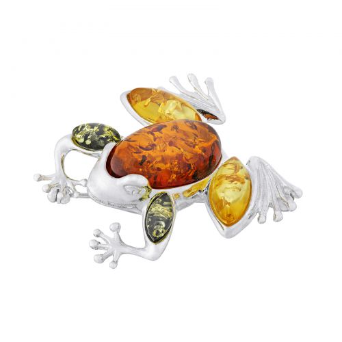 Duża srebrna broszka żabka z kolorowym bursztynem