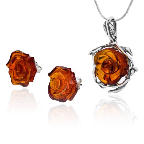 Srebrny komplet Amber 060A Bursztynowe Róże (kolczyki sztyft + wisiorek na łańcuszku)